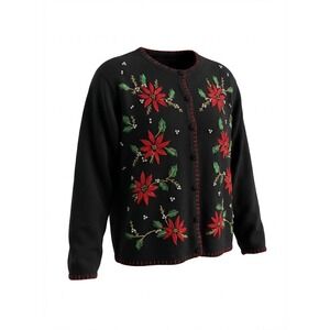 Womens Black Poinsettia Christmas Cardigan Sweater Red Festive Holiday large